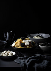 pasta and other ingredients on a black table with a teapot in the photo is taken off to the right
