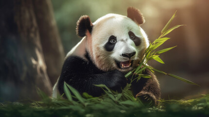 Obraz premium A giant panda eating bamboo