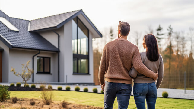 Happy Young Couple Standing In Front Of New Home - Husband And Wife Buying New House. Real Estate Concept.