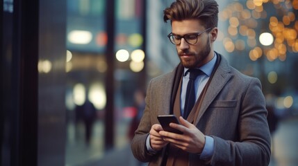 Close-up image of business man watching smart mobile phone device outdoors. Businessman networking typing an sms message in city street.