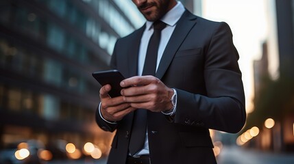 Close-up image of business man watching smart mobile phone device outdoors. Businessman networking typing an sms message in city street.