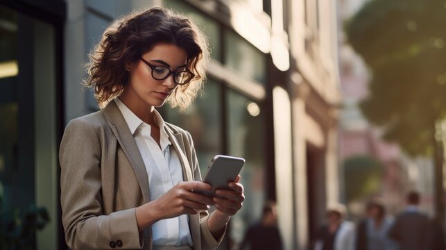Close-up image of business woman watching smart mobile phone device outdoors. Businesswoman networking typing an sms message in city street.