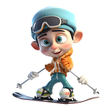 3D Render of Little boy skier with ski and snowboard