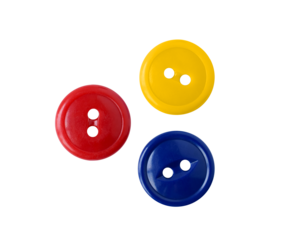 Three red blue and yellow plastic sewing buttons isolated cutout on transparent