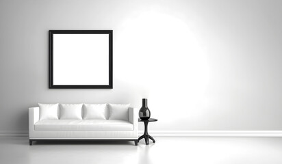 Creative interior concept. Large empty grunge concrete wall living room with blank frame sofa couch. Banner template for product presentation. Mock up, living home