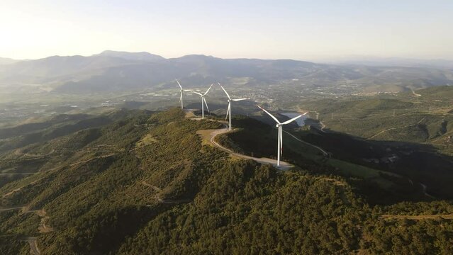 Aerial view of Wind Turbines energy production on eolic park