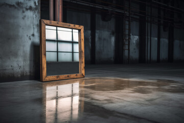 A mirror with a wooden frame, with a dark reflective cement floor, with a blurry background