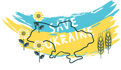 Save Ukraine banner with inscription hand written.Grunge blue yellow brush stroke and map outline.Decorative sunflowers and linear ears of corn.Anti-war background.Vector flat illustration on white.