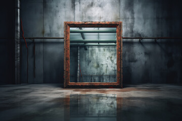 A mirror with a wooden frame, with a dark reflective cement floor, with a blurry background