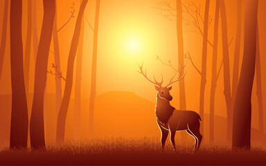 Vector illustration of a deer in the woods, beautiful scenery