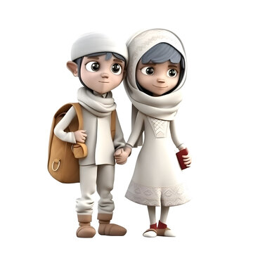 Muslim boy and girl with a backpack on a white background. 3d rendering