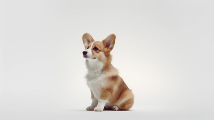 Corgi Dog sitting on its own with a white plain background