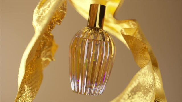 Beauty concept. Perfume bottle on abstract beige background. Pieces of silk fabric fly around the bottle. 3d animation