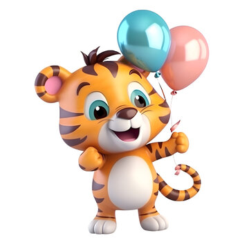 3d rendered illustration of a cartoon tiger character with balloons and bow tie
