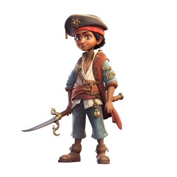 3D illustration of a little pirate with sword isolated on white background
