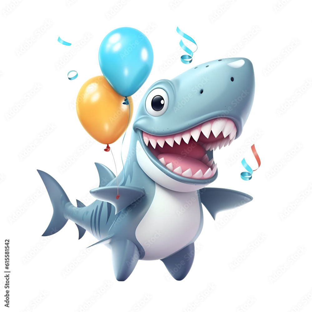 Sticker 3d rendered illustration of a cartoon shark with balloons and confetti