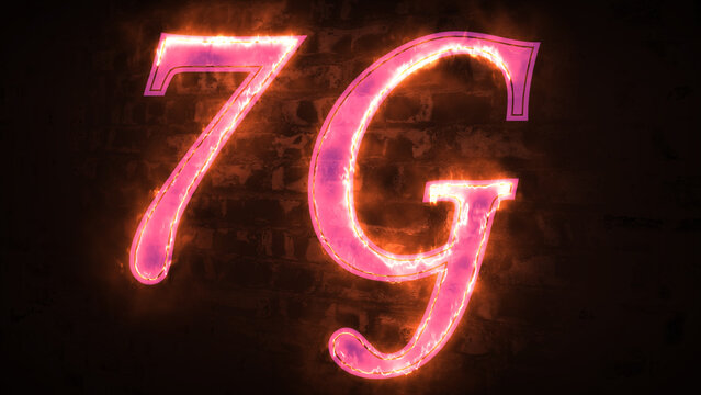 Fire 7G high speed network technology concept by fire light lines speed motion pattern isolated on black background for banner, logo, symbol. Glowing 7G text. 7G technology text inscription Cellular