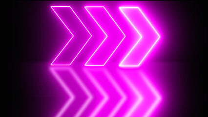 Neon bright purple light  glowing arrows pointing to the right. 3D rendering of glowing neon arrows on a black background. Flashing direction indicators.