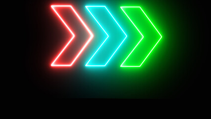 Realistic isolated neon sign of Arrow logo decoration and template covering on the black background. Neon arrow abstract Blue , Pink and Green with Light Shapes on colorful background and reflective