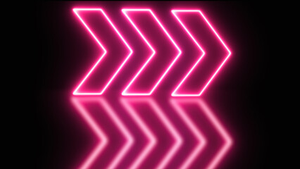 Glowing neon arrow on black background with shadows. Pink neon arrows on a black background. 3D rendering