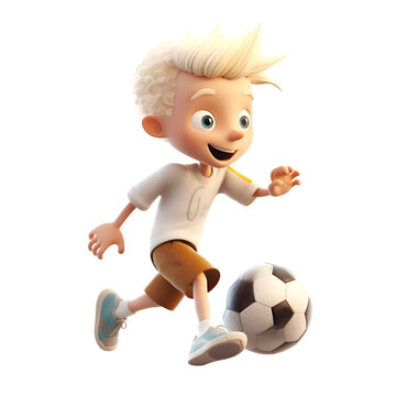 3d rendering of a cute little boy running with a soccer ball