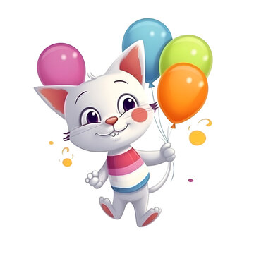 Cute cartoon cat with balloons isolated on white background. Vector illustration.