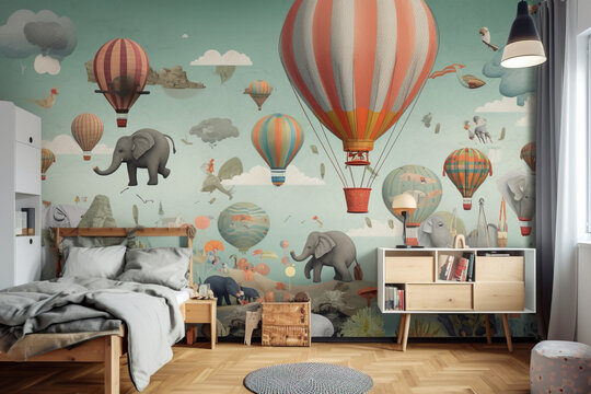 Fototapeta Creative and bright eco design of a children's room. Bright fantasy wallpaper on the wall of baby room. Adventure theme. Photorealistic illustration.