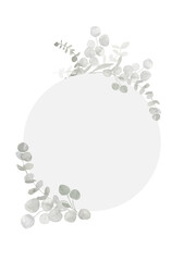 Grey and dusty green watercolor eucalyptus frame banner. Spring and winter botanical border illustration for wedding, greeting card, wreath, website. Botanical foliage on white background