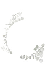 Grey and dusty green watercolor eucalyptus circle frame banner. Modern spring and winter border illustration for wedding, greeting card, wreath, website. Botanical greenery on white background