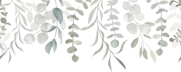 Grey and dusty green watercolor eucalyptus frame seamless banner. Spring and winter botanical border illustration for wedding, greeting card, wreath, website. Botanical foliage background