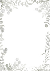 Grey and dusty green watercolor eucalyptus frame  banner. Spring and winter botanical border illustration for wedding, greeting card, wreath, website. Botanical foliage background