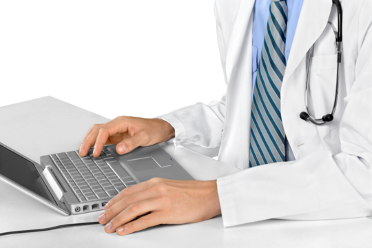 Closeup of Doctor Typing on Laptop - Powered by Adobe