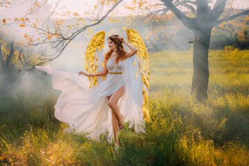 art photo fantasy woman angel with golden bird wings walking in forest, fairy mystical girl greek...