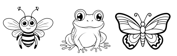 Small creatures - cute Bee, Frog and Butterfly, simple thick lines kids or children cartoon coloring book pages. Clean drawing can be vectorized to illustration. Generative AI