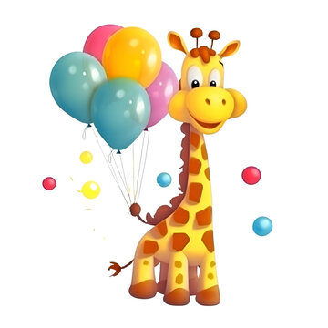3d rendered illustration of giraffe cartoon character with balloons and balloons
