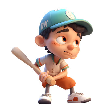 3D Render of a Little Boy Baseball Player with cap and bat