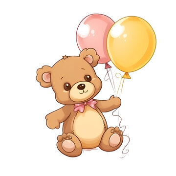 Illustration of a teddy bear and balloons on a white background