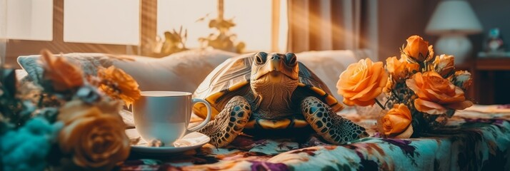 A cute turtle is enjoying a cup of coffee and flowers. Generative AI