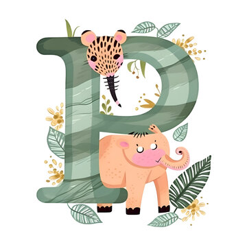 Cute cartoon animal alphabet. Letter R with elephant and tropical leaves. Vector illustration.