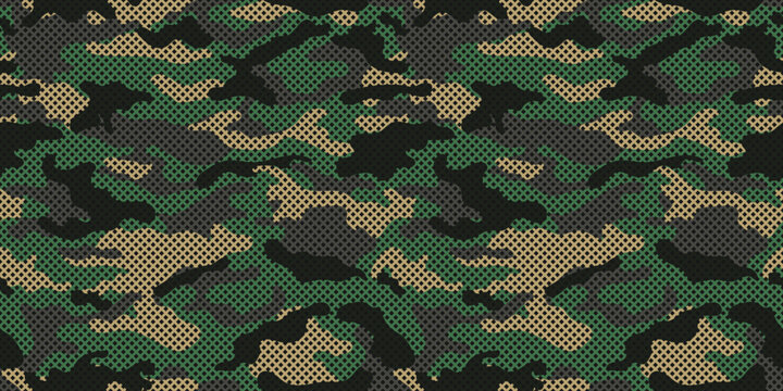 Camouflage texture seamless pattern with grid. Green camouflage pattern for clothing design. Trendy camouflage military pattern.	
