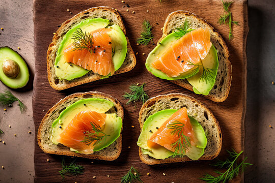 Smoked salmon and avocado sandwiches. Flat lay, top view composition. Gnerative Ai image