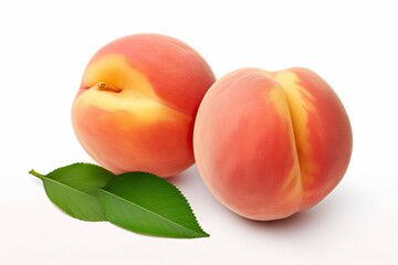 Illustration of two ripe peaches resting on a wooden surface created with Generative AI technology