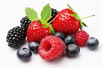 Illustration of raspberries and blackberries arranged on a white background created with Generative AI technology - obrazy, fototapety, plakaty