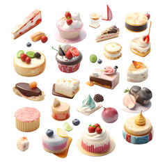 collection of sweet cakes on a white background. 3d illustration.