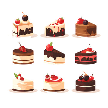 Set of different types of cakes. Vector illustration in cartoon style.