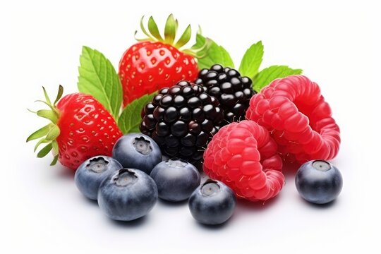Illustration of raspberries and blueberries mixed together on a white background created with Generative AI technology