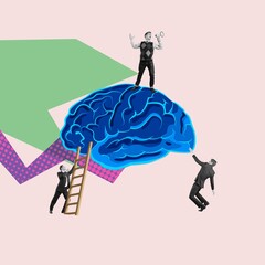Contemporary collage. employees on big brain