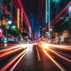 Obraz premium Bright light trails and neon lights along a citystreet created with Generative AI