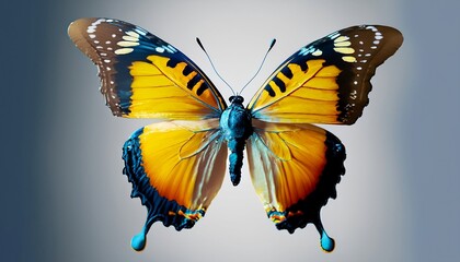 Butterfly in flight, very lovely, blue, yellow, and orange, isolated on a transparent background