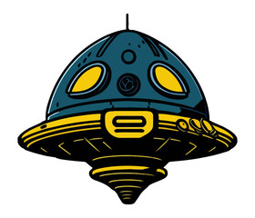 Vector illustration in flat style. UFO with lights. Alien space ship. Futuristic unknown flying object.